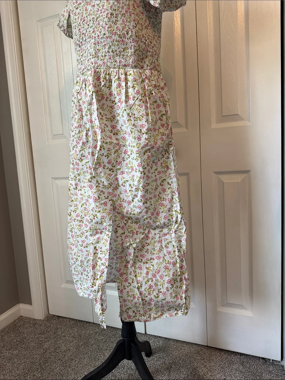 J. Crew White Smocked Midi Dress with Pink & Green Floral Print